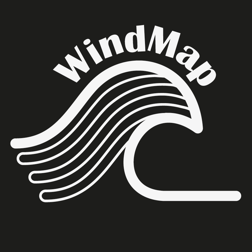Windmap logo avec fond noir et dessin blanc. Une vague avec la typographie placé sur le dessus