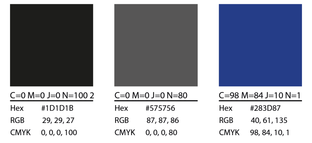 Couleurs de la charte graphique pour l'identité visuelle de Windmap noir, gris foncé et bleu foncé