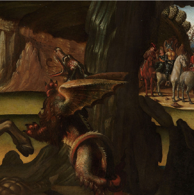 Tableau de Saint George et le dragon, zoom sur le dragon qui est prêt à attaquer le chevalier avec ses crocs.