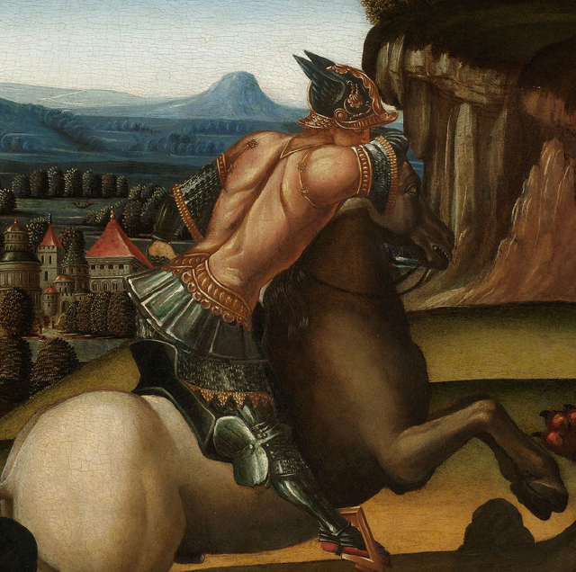 Tableau de Saint George et le dragon, zoom sur le chevalier sur son cheval qui brandit son épée dans l'intention d'attaquer le dragon. 