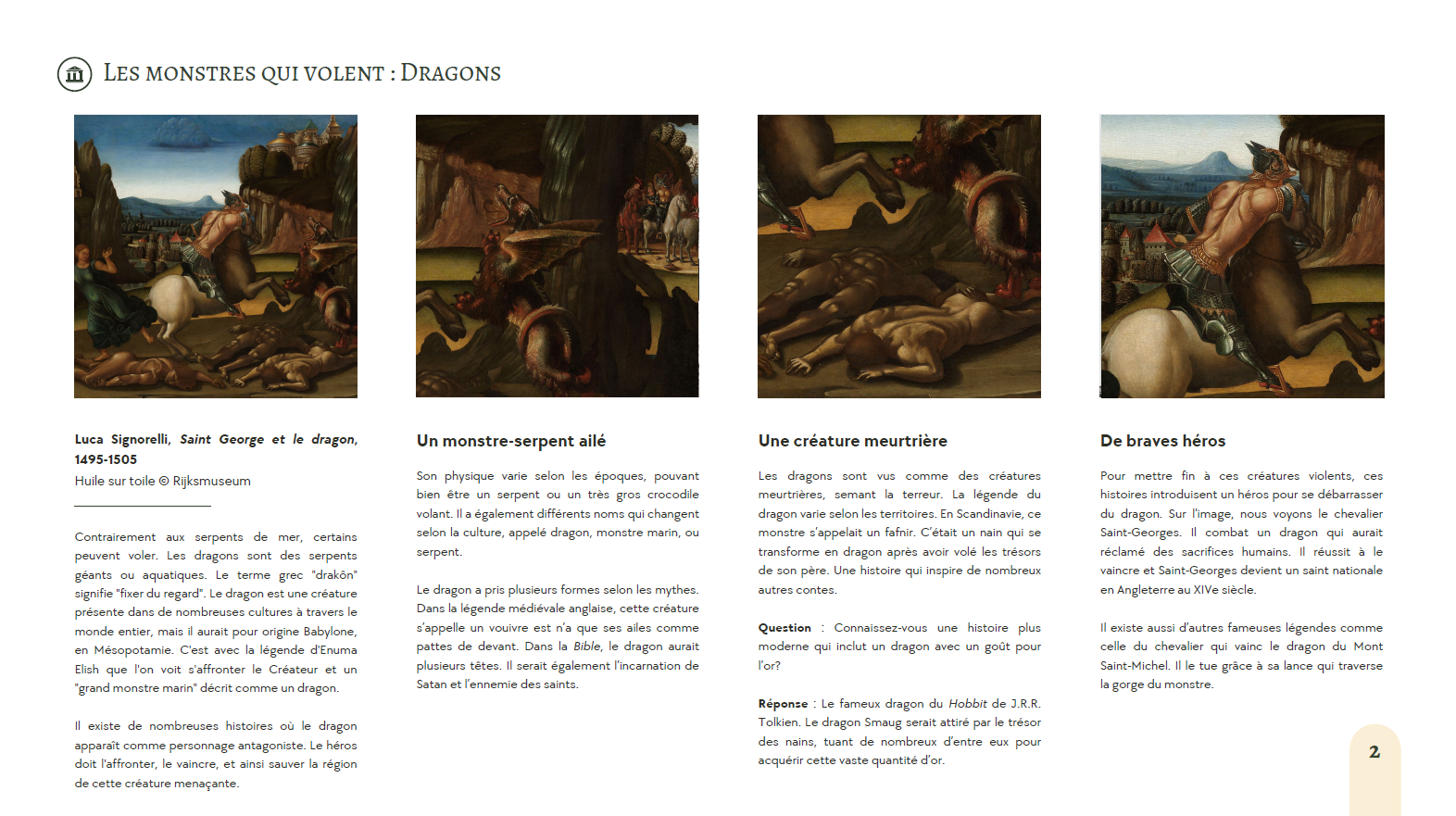 Série de textes accompagnés d'images illustratifs sur le thème des monstres qui volent, ici les dragons, représentés par un tableau de Saint George datant de la fin du 15ème siècle. 