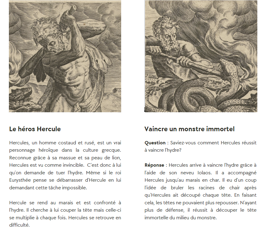 Extrait de la page de conférence sur les monstres hybrides, avec l'histoire de Hercules et l'hydre de Lerne. 